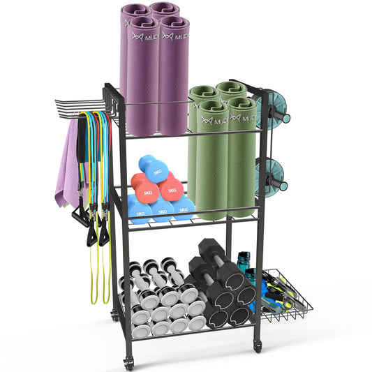 Yoga Mat Storage, Gym Equipment Storage, Cart for Organizing Workout Room, Home Gym Storage with Hooks and Wheels