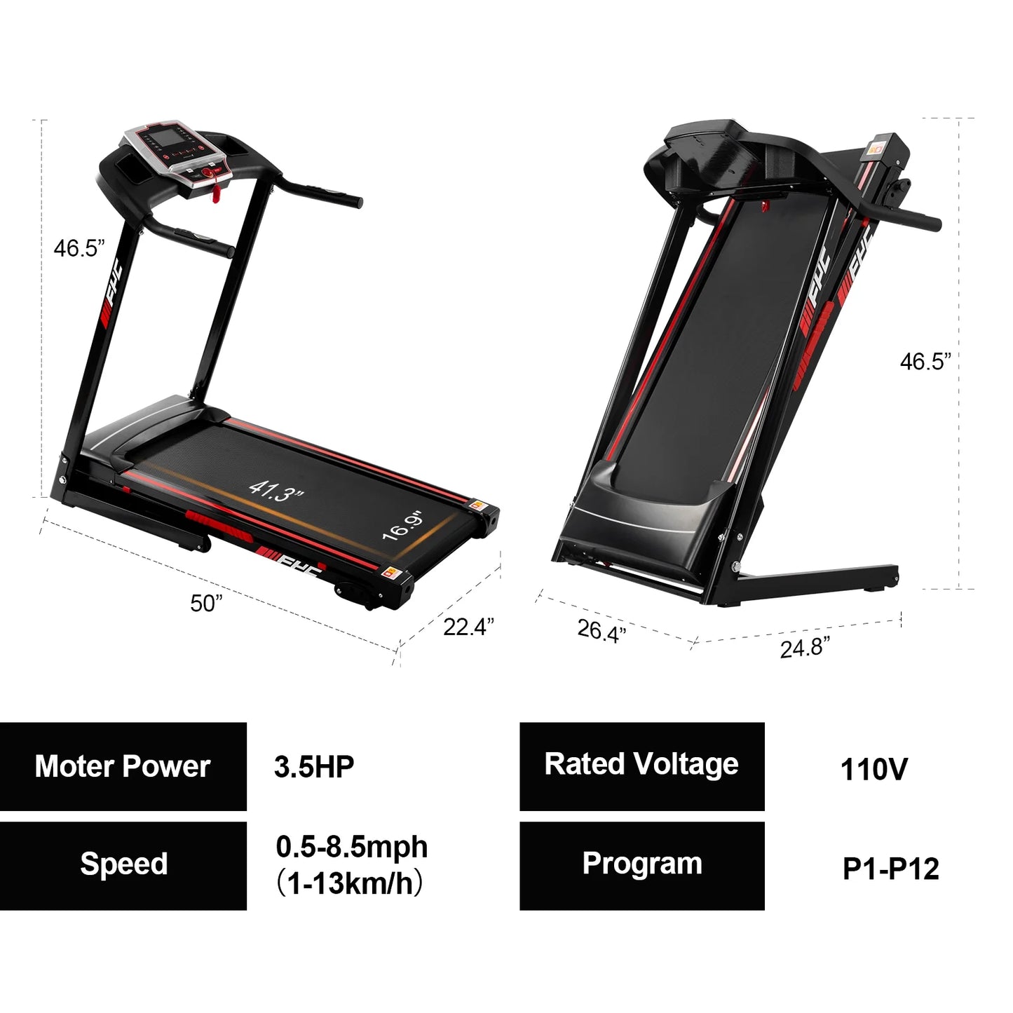 Folding Treadmill for Home Electric 3.5 HP Foldable Running Machine W/Incline